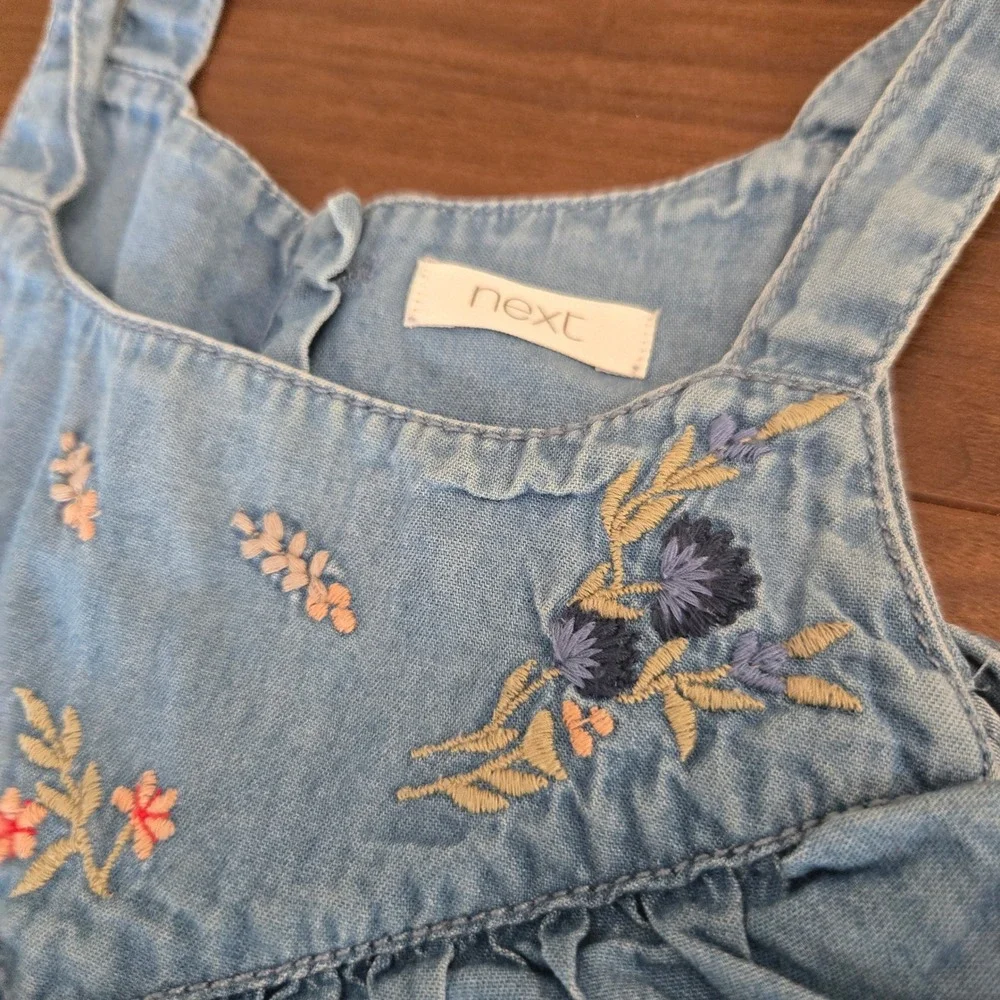 Next Girls Blue Denim Floral Embroidered Ruffle Dress 1.5-2 Years 92cm